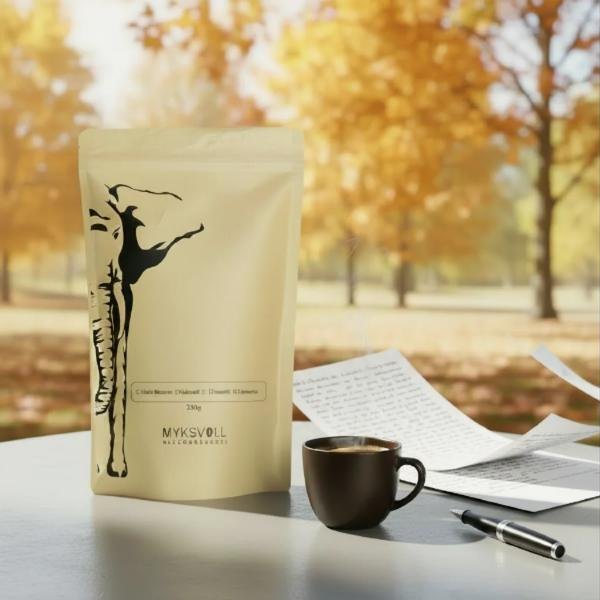 Kaffepose fra Myksvoll ved siden av en kopp kaffe